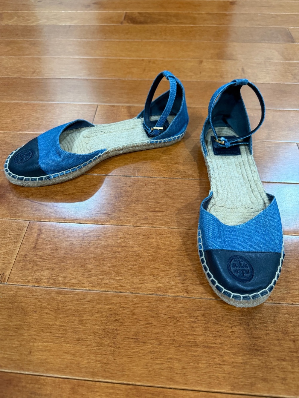 Tory Burch Blue Color Block Denim Ankle Strap Espadrille Sandals Shoes Sz. 9.5